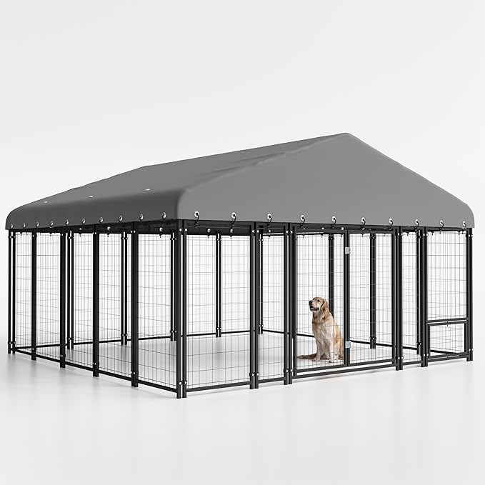 10X10FT Dog Kennel Outside Double Door Dog Kennel Outdoor with Feeding, Heavy Duty Outdoor Dog Crate Durable Dog Cage with Roof & Double Lock