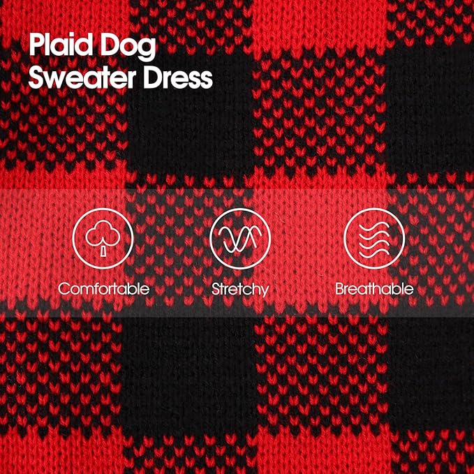 Dog Sweater Dress Plaid Knitwear for Small Medium Dogs Warm Puppy Pet Turtleneck Stretch Pullover Cute Fall Winter Vest Clothes with Leash Hole for Christmas (Red, 2XS)