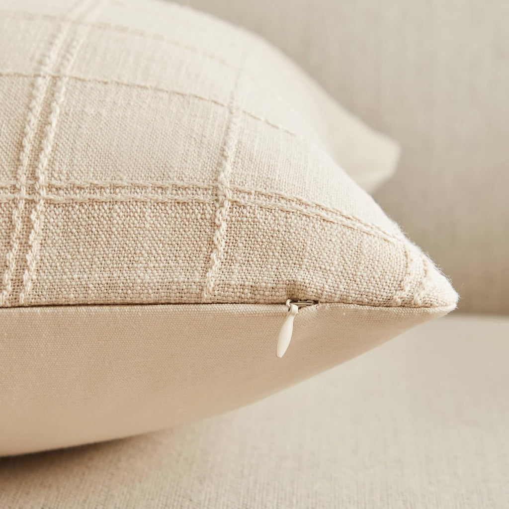 ZeeMart Linen Checked Throw Pillow Covers Set of 2, 22x22 Inch Beige/Cream, Farmhouse Decorative Single Sided Grid Embroidered Couch Pillow Cases Neutral Cotton Linen Cushion Covers