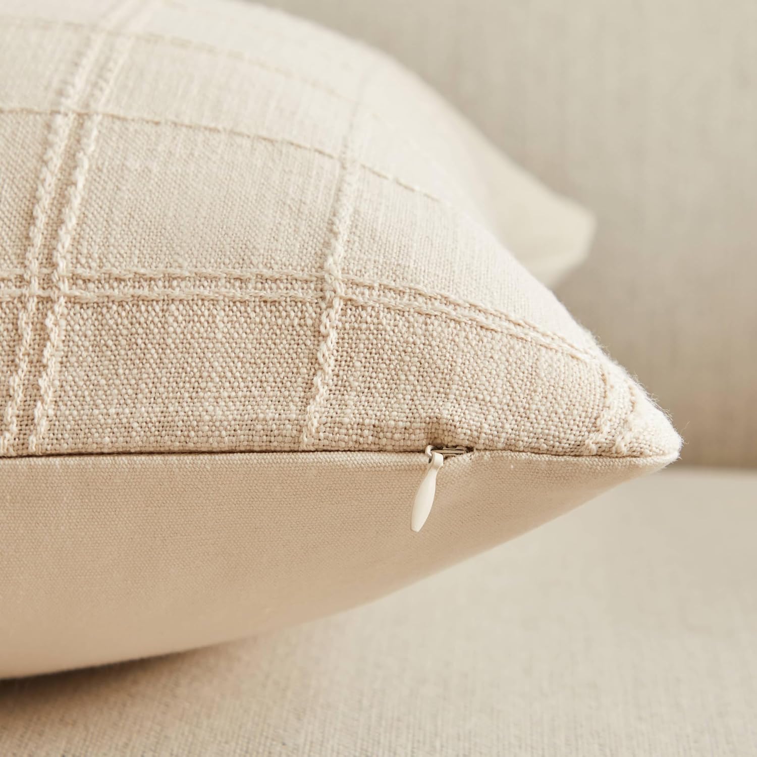 ZeeMart Linen Checked Throw Pillow Covers Set of 2, 22x22 Inch Beige/Cream, Farmhouse Decorative Single Sided Grid Embroidered Couch Pillow Cases Neutral Cotton Linen Cushion Covers
