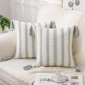 Smile Bee Boho Outdoor Couch Throw Pillow Covers Set of 2 Decorative Thick Woven Striped Accent Neutral Pillow Covers with Tassels for Bed Sofa Home Decor 18x18 Inch, Grey and Cream White