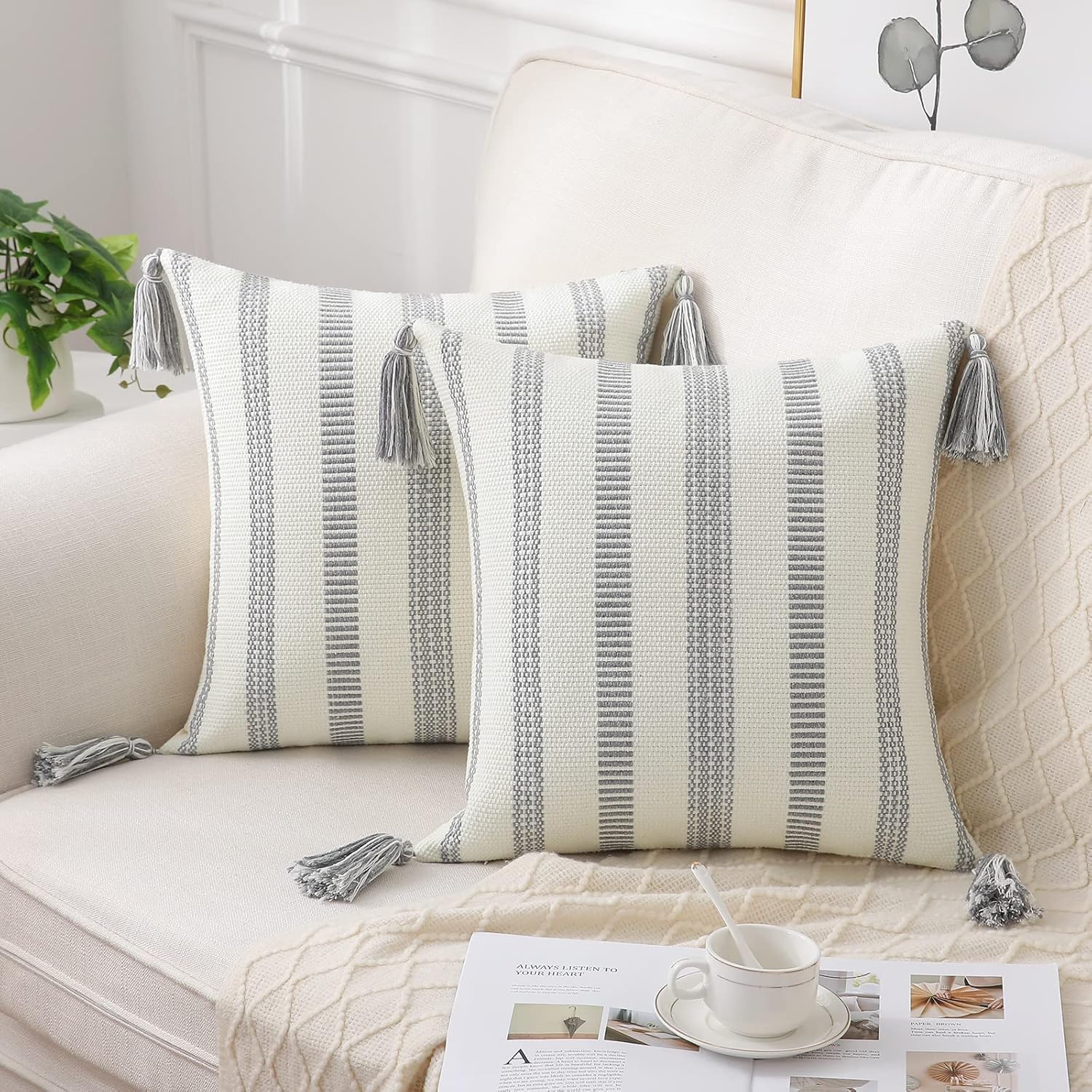 Smile Bee Boho Outdoor Couch Throw Pillow Covers Set of 2 Decorative Thick Woven Striped Accent Neutral Pillow Covers with Tassels for Bed Sofa Home Decor 20x20 Inch, Grey and Cream White