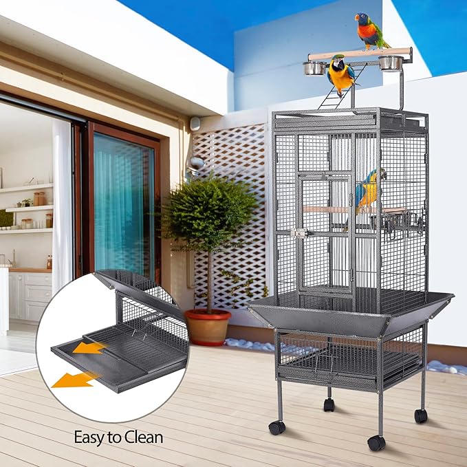 HSM 62 Inch Wrought Iron Large Bird Flight Cage with Rolling Stand for African Grey Parrot Cockatiel Sun Parakeet Conure Lovebird Canary…