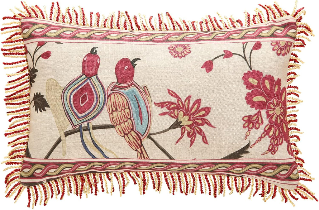 patdrea Designer Throw Pillow Covers 12"x20",Vintage Flowers and Bird Pattern Linen Pillowcases with Tassel Edges Pillows Cover for Couch,Decorative Rectangle Cushion for Living Room Outdoor Car