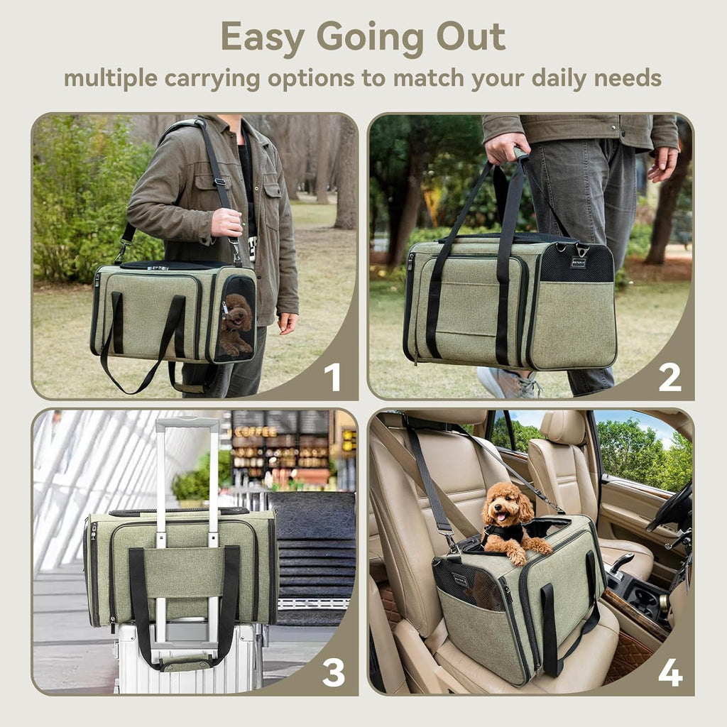 Petsfit Expandable Cat Dog Carrier Airline Approved, 17" L x 11" W x 11" H Soft-Sided Portable Pet Travel Carrier for Kitten, Puppy, Removable Soft Plush Mat and Pockets, Auto-Locking Zippers