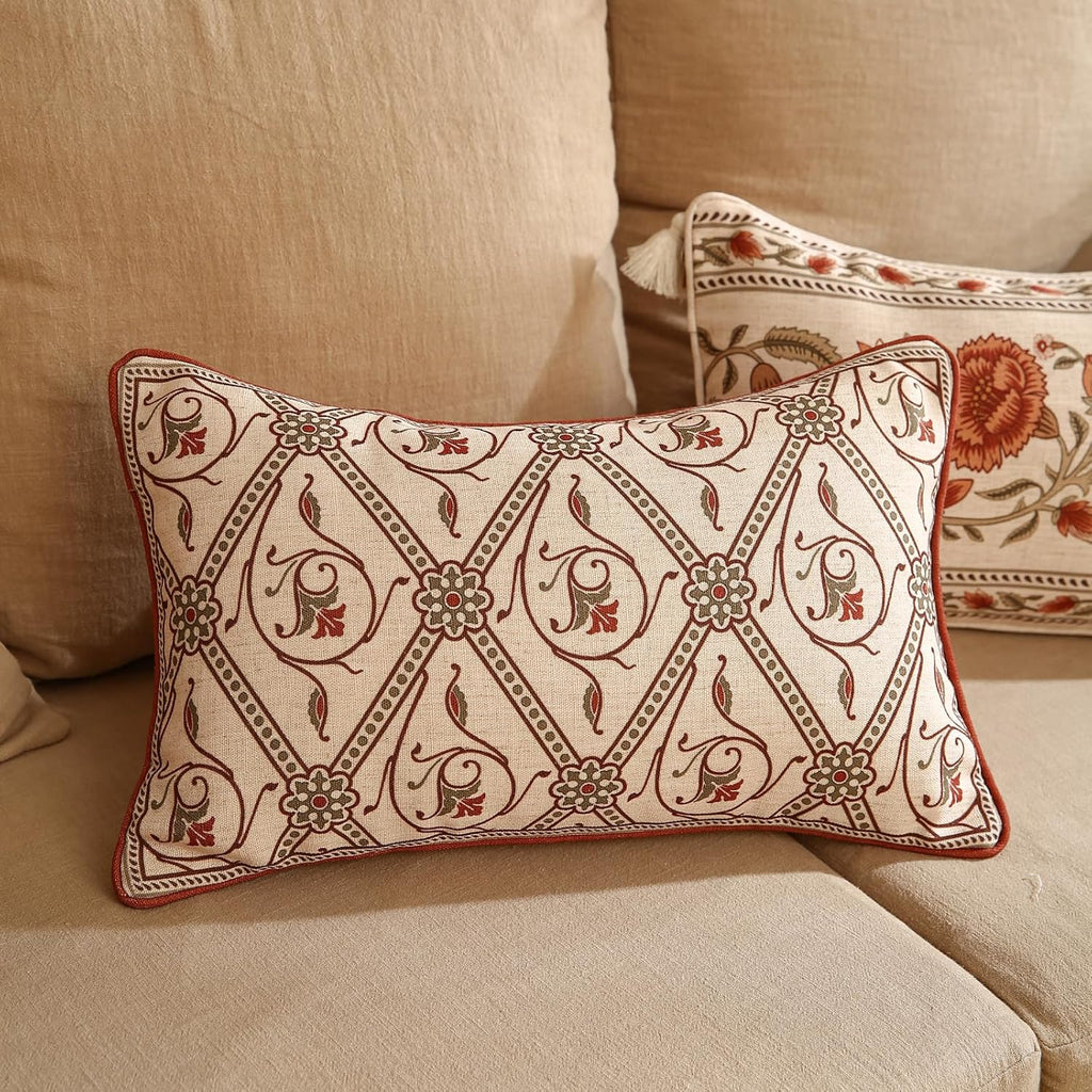 ISAENNE Design Linen Lumbar Vintage Throw Pillow Covers 12"x20",Red Euro Cushion Covers with Orange Floral Green Leaves Pattern Decor Pillowcases for Bed,Living Room,Outdoor,Car