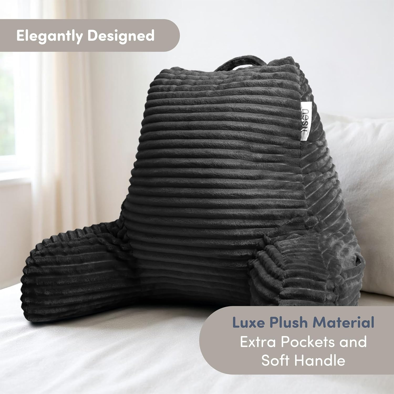 Nestl Reading Pillow with Shredded Memory Foam, Luxe Cut Plush Back Pillow for Sitting Up in Bed, Back and Arms Adjustable Support for Adult & Teens, Backrest Pillows with Washable Cover Dark Grey