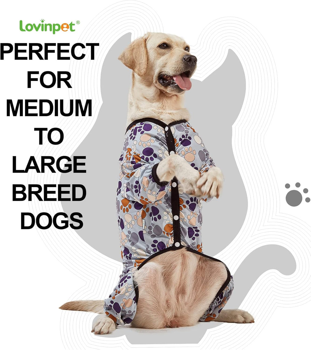 LovinPet Large Breeds Dog Onesies - Dog Pajamas, Lightweight Stretchy Fabric, Dog Long Sleeve Shirt, Paw-Some Steel Gray Print, Dog Jumpsuit, UV Protection, Pet PJ's/Medium