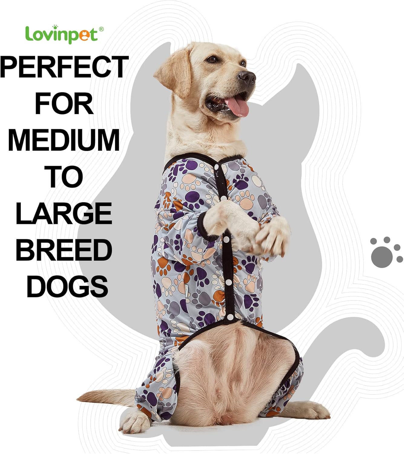 LovinPet Large Breeds Dog Onesies - Dog Pajamas, Lightweight Stretchy Fabric, Dog Long Sleeve Shirt, Paw-Some Steel Gray Print, Dog Jumpsuit, UV Protection, Pet PJ's/Medium