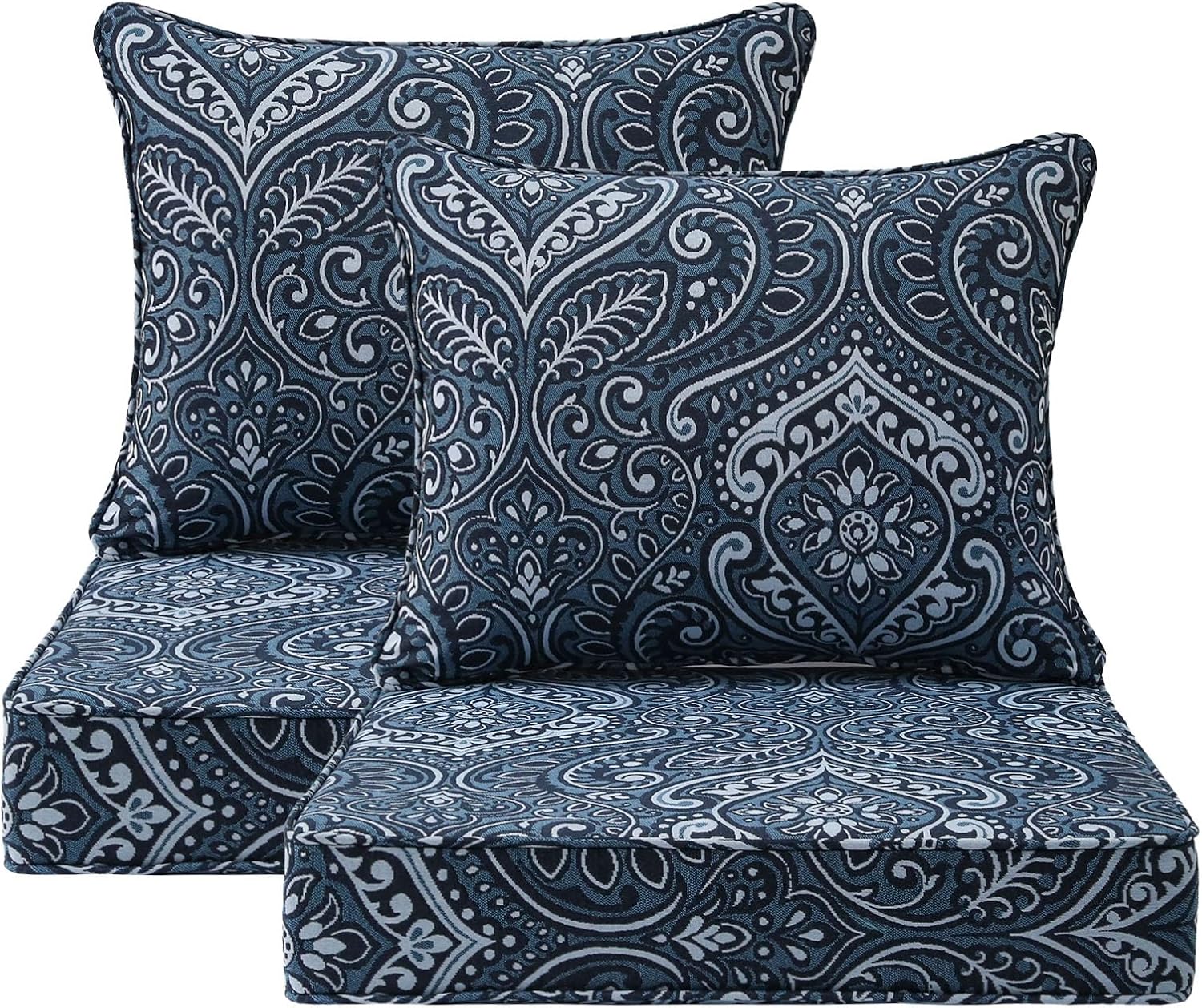 Outdoor Patio Chair Cushions Set, 24" x 24", Set of 2, Water-Repellent, Fade Resistant, Deep Seat Bottom and Back Cushion for Backyard, Couch, Sofa and Patio Furniture, Damask Blue Flower
