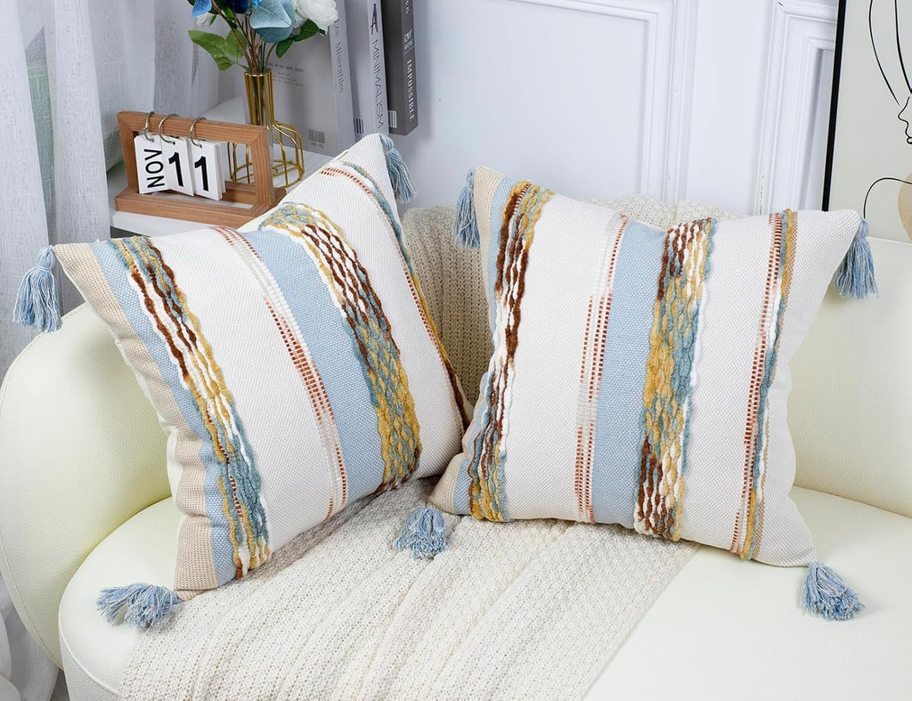 PANOD Chenille Farmhouse Throw Pillow Covers 16 x 16 Light Blue, Neutral Boucle Couch Pillow Cover, Striped Decorative Boho Coushion Cover Pillow Case for Couch Bed Sofa Bedroom,Modern Accent,Set of 2