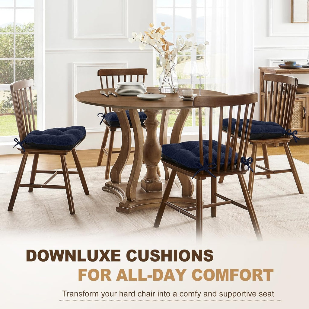 downluxe Indoor Chair Cushions for Dining Chairs, Tufted Overstuffed Textured Foam Kitchen Chair Pads with Ties and Non-Slip Backing, 15.5" x 15.5" x 4", Navy, 4 Pack