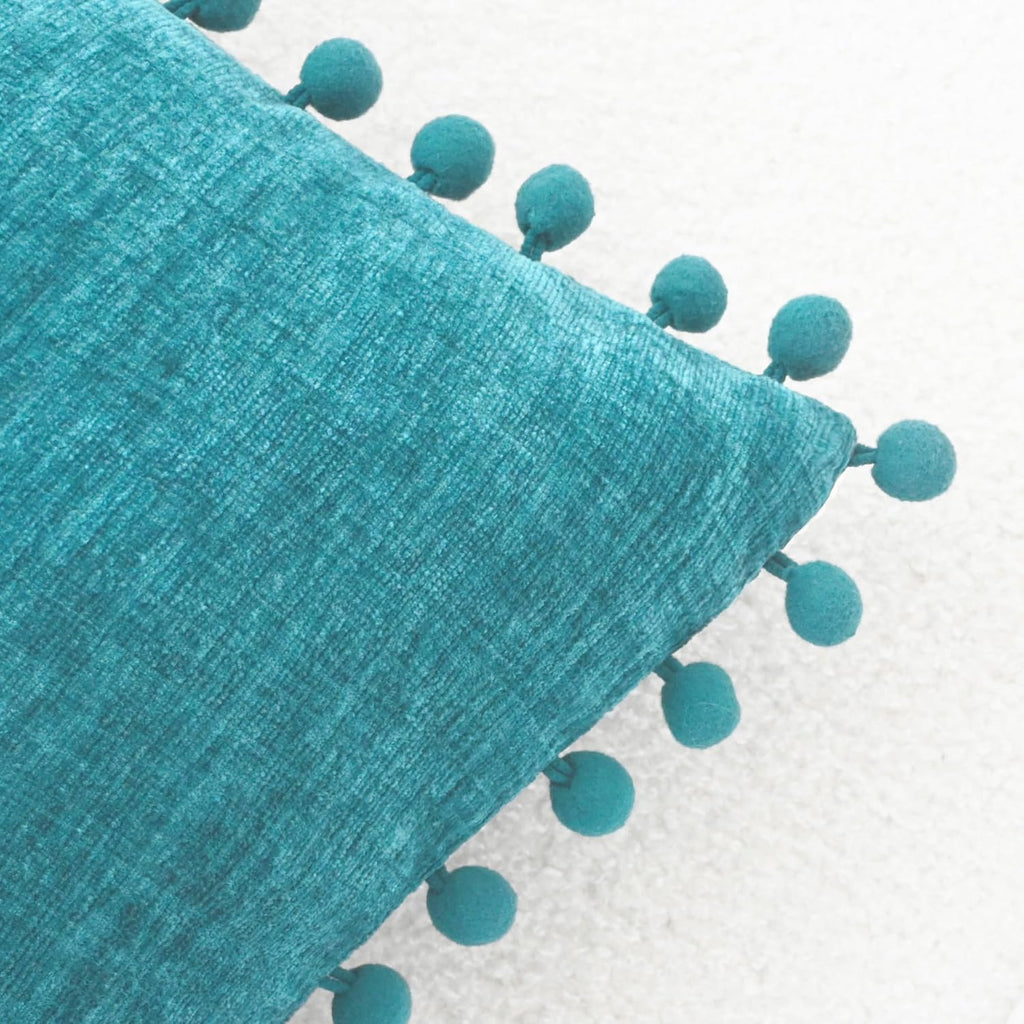 CaliTime Throw Pillow Covers Decorative 16 X 16 Inches Pack of 2 Cozy Solid Dyed Soft Chenille Cushion Cases with Pom Poms for Couch Sofa Bed Living Room Home Lake Blue