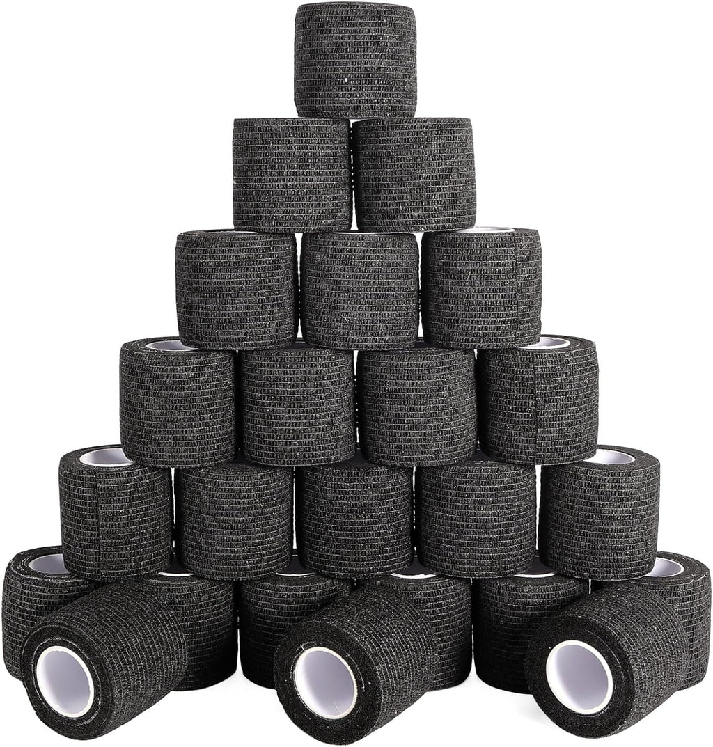 24 Pack Self Adhesive Bandage Wrap, 2” x 5 Yards Elastic Cohesive Bandage Wrap Black Athletic Tape Grip Tape for Ankle, Wrist Sprains, Sports Injuries & Pet First Aid | Medical Sports Tape