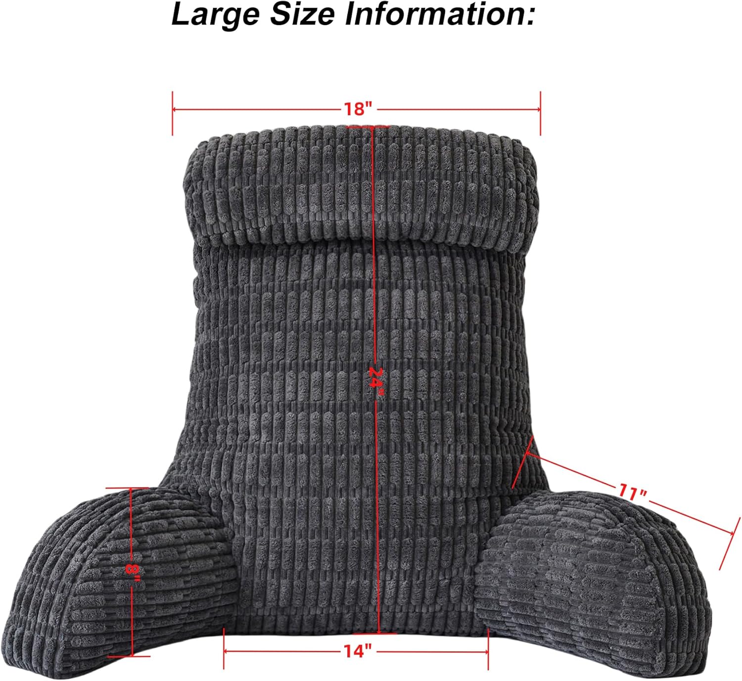 WERDIM Reading Pillow with Detachable Neck Roll, Large Back Pillow for Sitting Up in Bed Couch, Adult Bed Rest Pillow with Arms for Reading/Watching TV/Gaming, Dark Grey