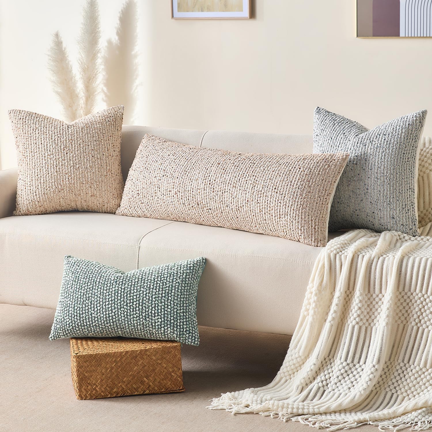 Decorative Lumbar Pillow Cover 14x36 Beige Striped Wool Long Body Pillow Neutral Textured Boho Lumbar Throw Pillow Cushion Covers for Modern Farmhouse Sofa Bed Living Room Decor SY011-A14