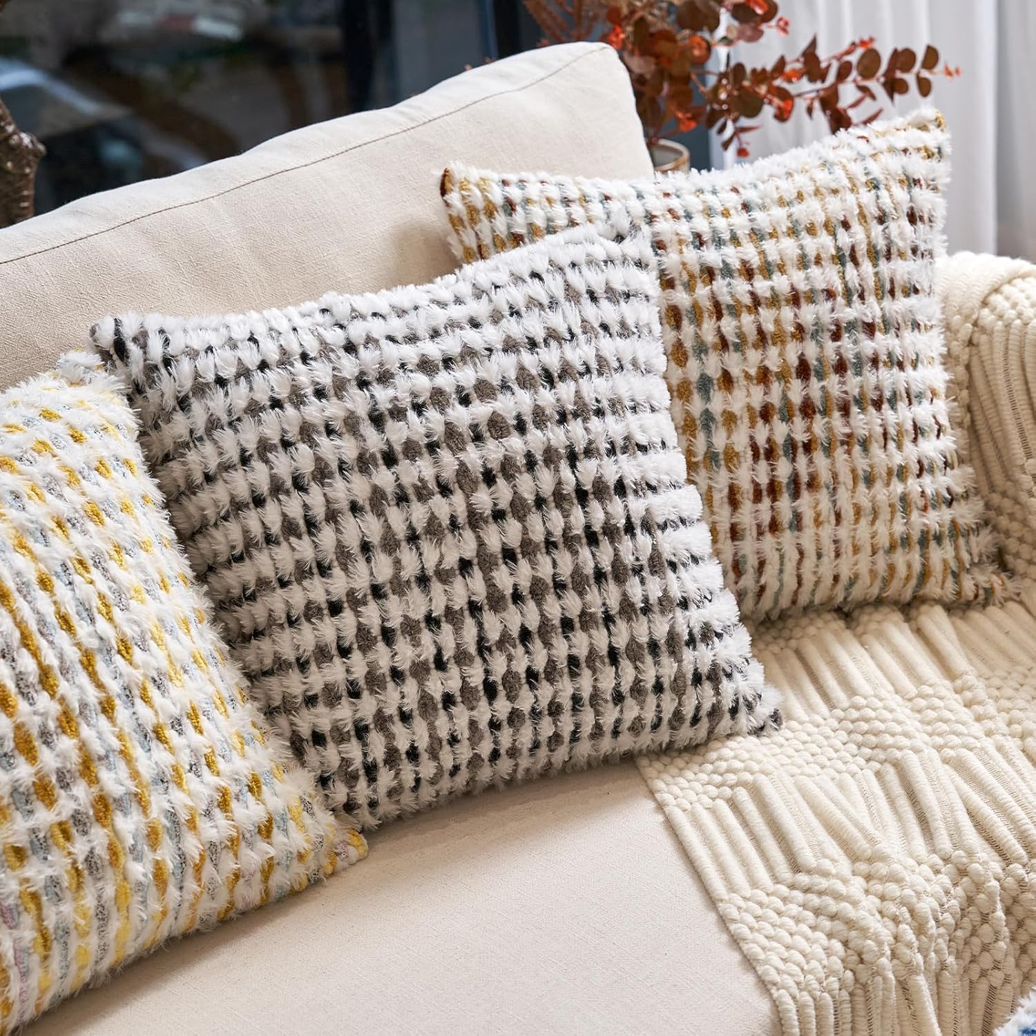 Aeckself Boho Chenille Tufted Pillow Cover 20x20 Inch, Decorative Square Throw Pillow Cover Neutral Pillowcase for Couch Bedroom Living Room, Black Gray