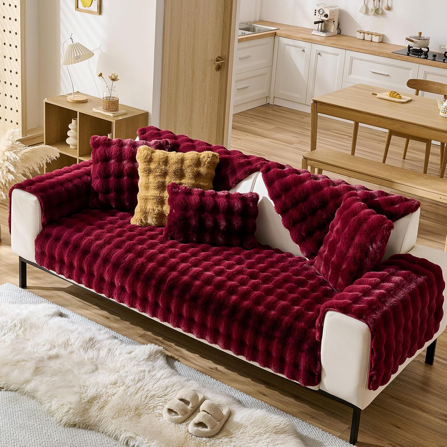 Christmas Faux Fur Couch Cover Fuzzy Soft Plush Thick Bubble Sofa Cover Luxury Sectional Couch Covers Luxury Anti-Slip Sofa Slipcover Washable Furniture Protector (Wine Red,36"x94")