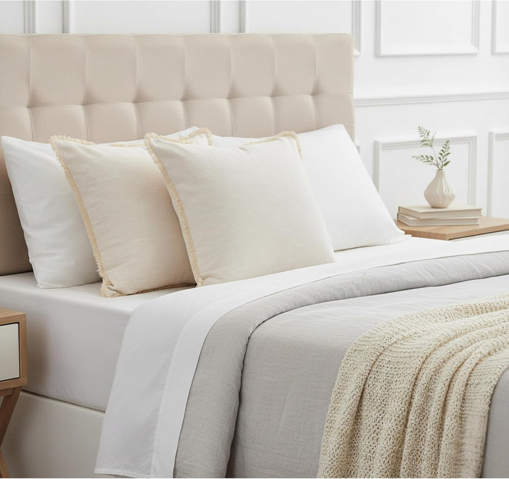 22×22 Cream White Cotton Pillow Covers with Decorative Fringe Boho Farmhouse Cushion Cover with Tassels Linen Like Textured Accent Pillowcases for Bed Couch Chair Sofa Living Room Set of 2