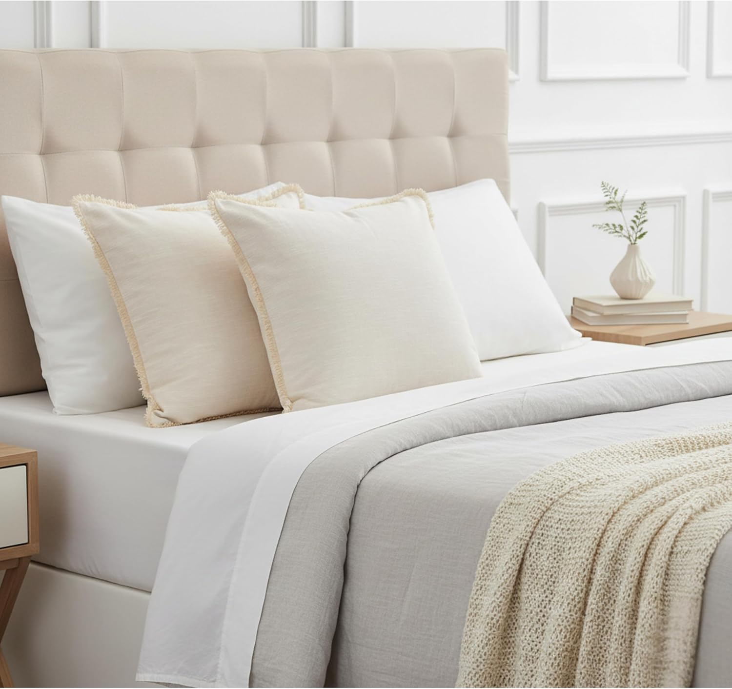 22×22 Cream White Cotton Pillow Covers with Decorative Fringe Boho Farmhouse Cushion Cover with Tassels Linen Like Textured Accent Pillowcases for Bed Couch Chair Sofa Living Room Set of 2