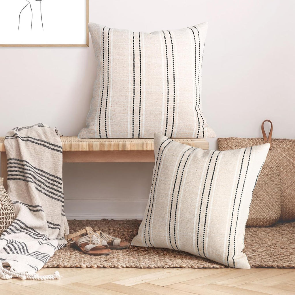 AELS 26x26 Decorative Farmhouse Linen Throw Pillow Covers, Boho Textured Pillow Case, Set of 2, Beige with White & Black Stitch Yarn Dyed Stripe Cushion Cover for Sofa Couch Living Room (Cover ONLY)