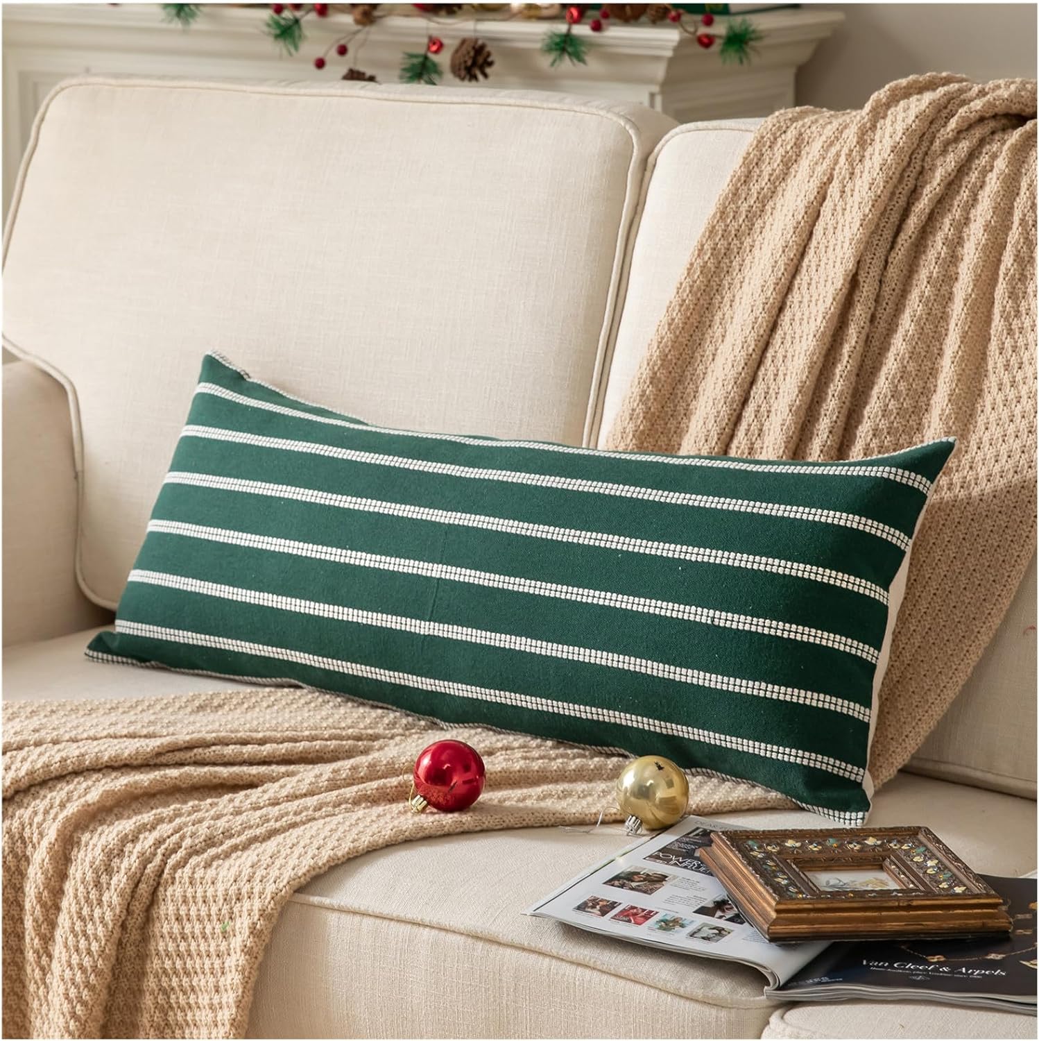 Boho Lumbar Throw Pillow Cover 14X36 Long Soft Farmhouse Decorative Couch Pillow Cases Dark Green Striped Body Pillow Covers Neutral Cushion Covers for Sofa Bed Living Room Home Decor Pack of 1