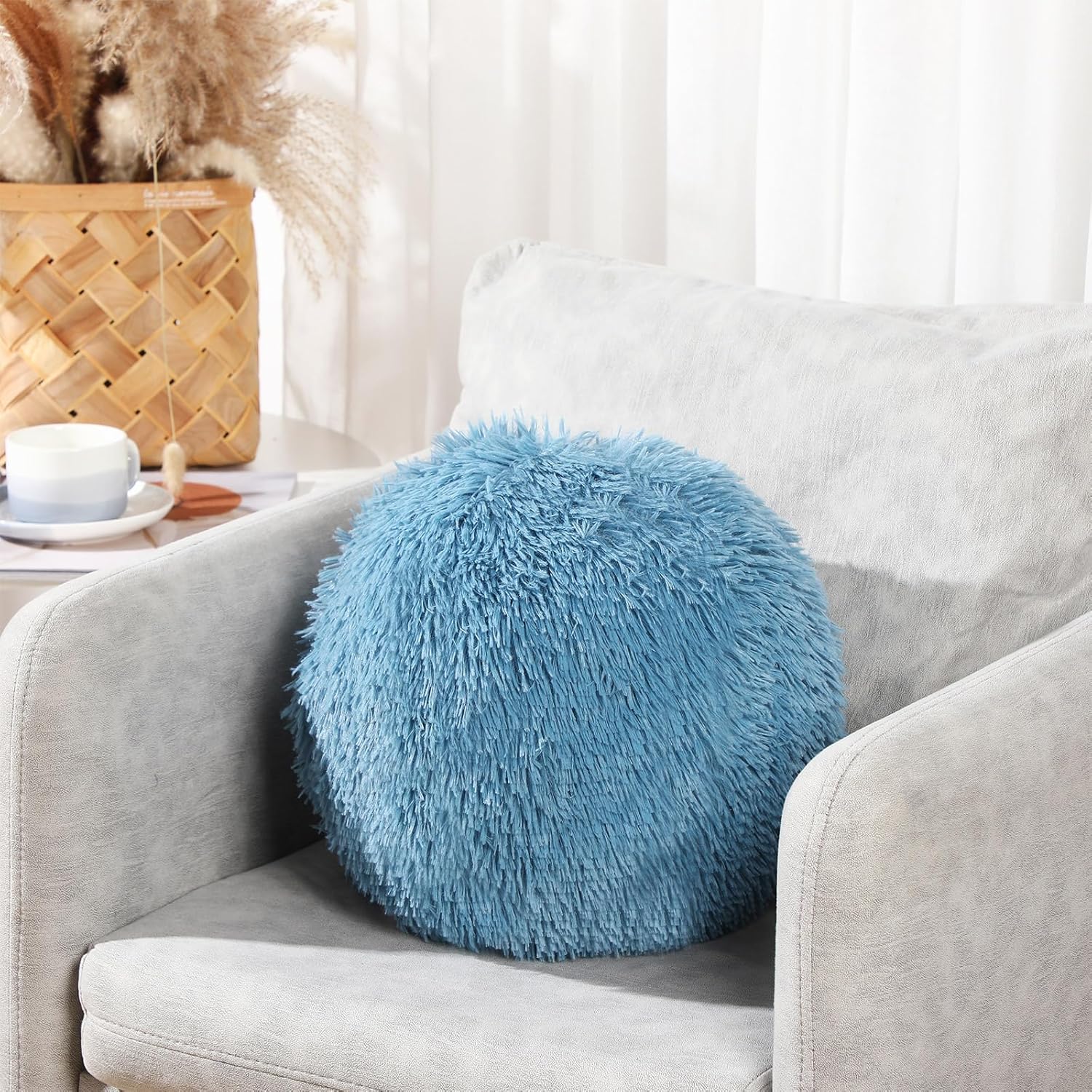 2 Pack Plush Round Ball Throw Pillow 10 Inch Nordic Soft Boucle Pillows Spherical Fuzzy Pillows Circle for Couch Sofa Bed Bedroom Living Room Office School Chair Decorations(Blue)