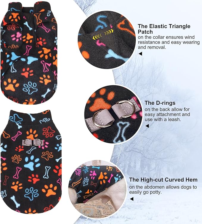BEAUTYZOO Small Dog Sweater Fleece Vest Winter Jacket, D-Ring Leash Attachment for XS S Puppy Medium Sized Breeds Dogs, Cold Weather Dog Clothes Windproof Keep Warm, Black Bones Paw XS