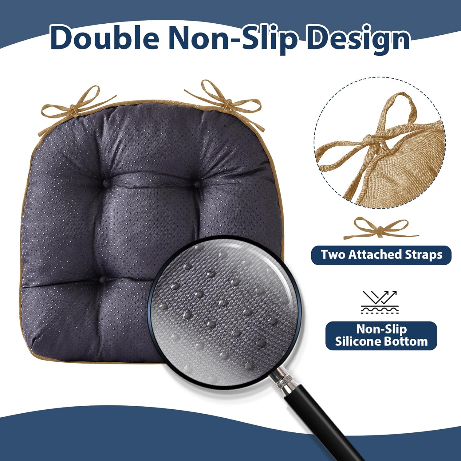 Chair Cushions for Dining Chairs, Seat Cushions for Kitchen Chairs, Indoor Seat Cushions with Ties, Tufted Foam Chair Pads, Non Slip Chair Cushions Set of 6, 15.5" x 15.5" x 4", Khaki