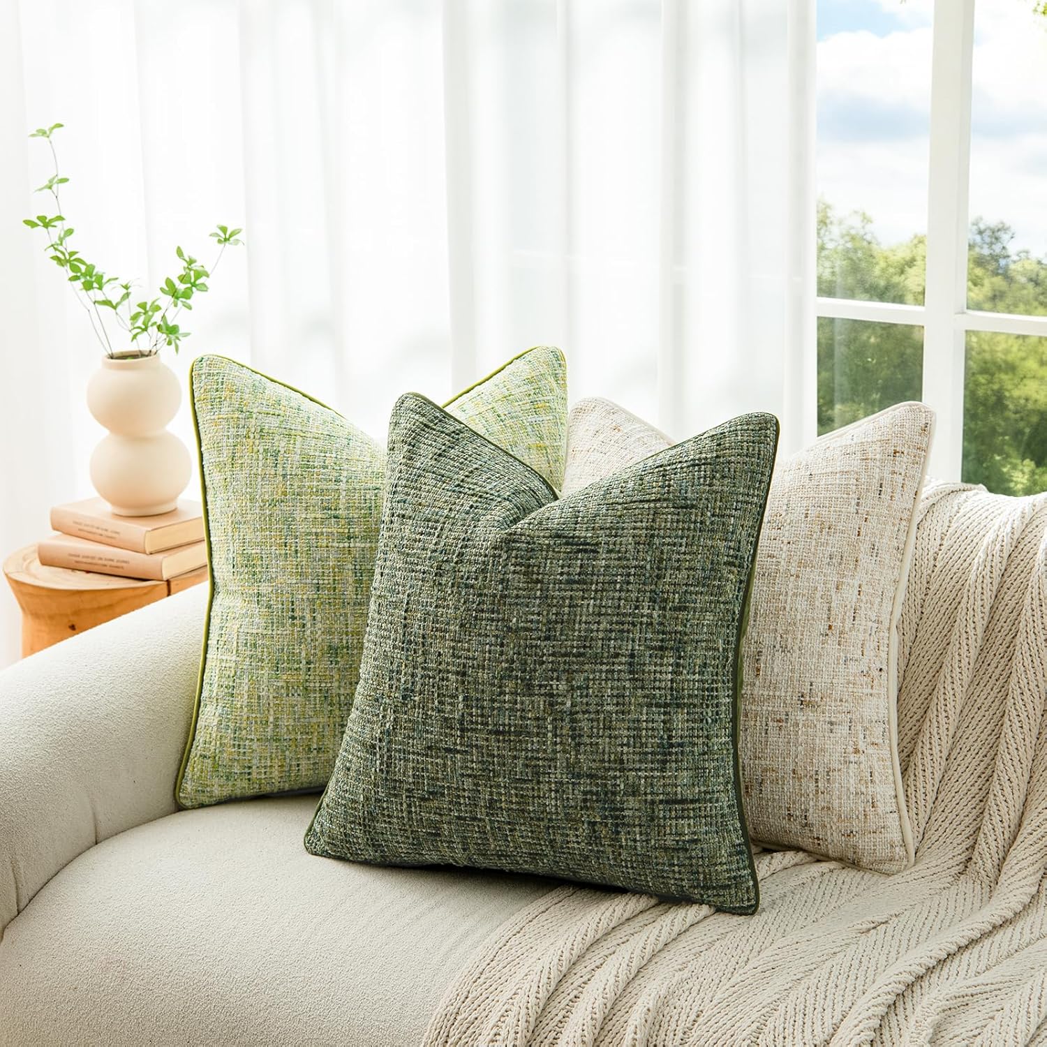 A Moment Christmas Dark Green Reversible Pillow Covers 2 Pack - Farmhouse Chenille Throw Pillows, Neutral Textured Decorative Throw Pillow Covers with Border for Couch Sofa Bed (12x20 Inch, No Insert)