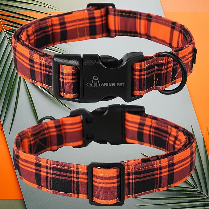 ARING PET Halloween Dog Collar-Cute Fall Dog Collar for Small Dogs, Cotton Halloween Orange Grid Dog Collars for Small Medium Large Female and Male Dogs