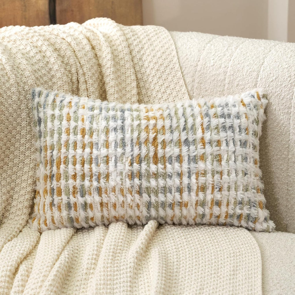 Aeckself Boho Chenille Tufted Pillow Cover 12 x 20 Inch, Rectangle Decorative Lumbar Throw Pillow Cover Neutral Pillowcase for Couch Bedroom Living Room, Yellow White