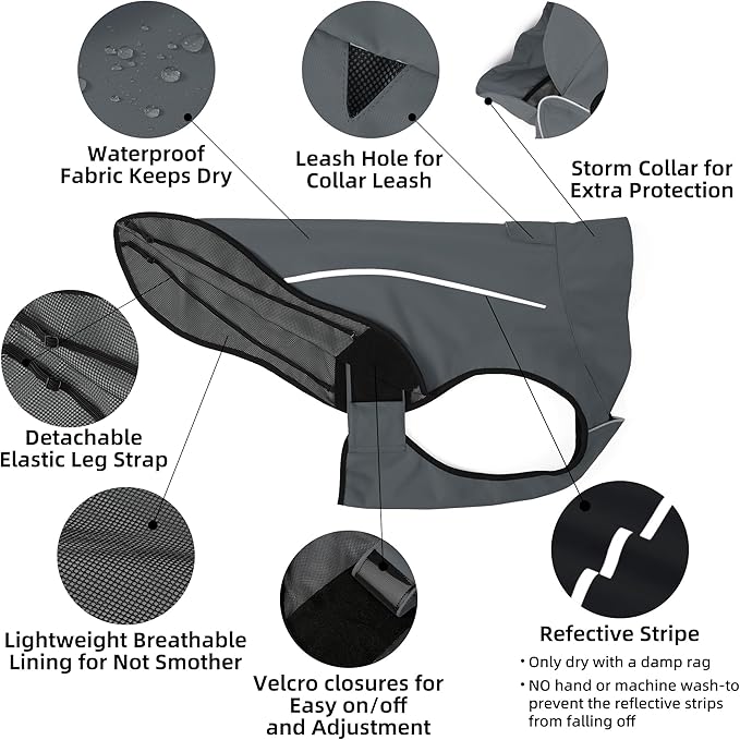 Mile High Life Dog Raincoat, Adjustable Waterproof Reflective Rain Jacket for Small Medium Large Dogs, Lightweight Breathable Pet Rain Coat with Leash Hole(Dark Gray,S Chest 22-25")