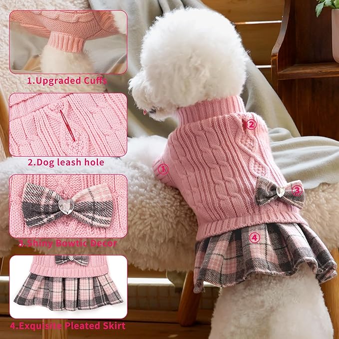 WOYYHO 2 Pack Girl Dog Sweater Dress with Bowtie Turtleneck Knitted Small Dog Sweater Dress with Leash Hole, Puppy Winter Clothes Warm Sweaters for Yorkies Chihuahua (Medium, Pink+Red)