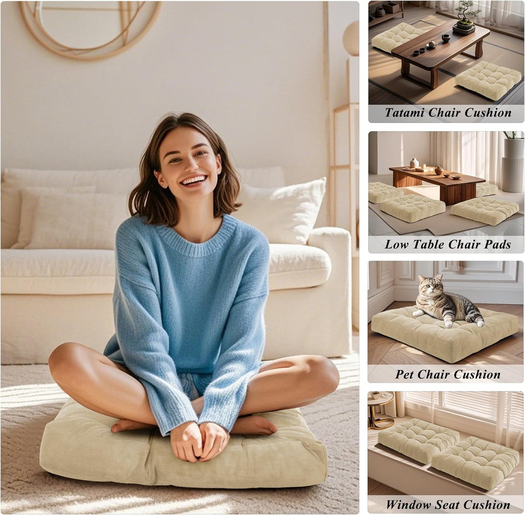 Meditation Floor Pillow 22×22 Inch 1 Pack Large Floor Cushions for Adults Square Tufted Corduroy Floor Pillows for Yoga Living Tatami Room Beige