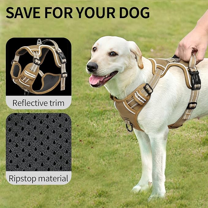 HEELE Dog Harness, Dog Harness for Small Medium Large Dogs No Pull Adjustable Padded Reflective Harness with Handle for Walking Training, Brown, S