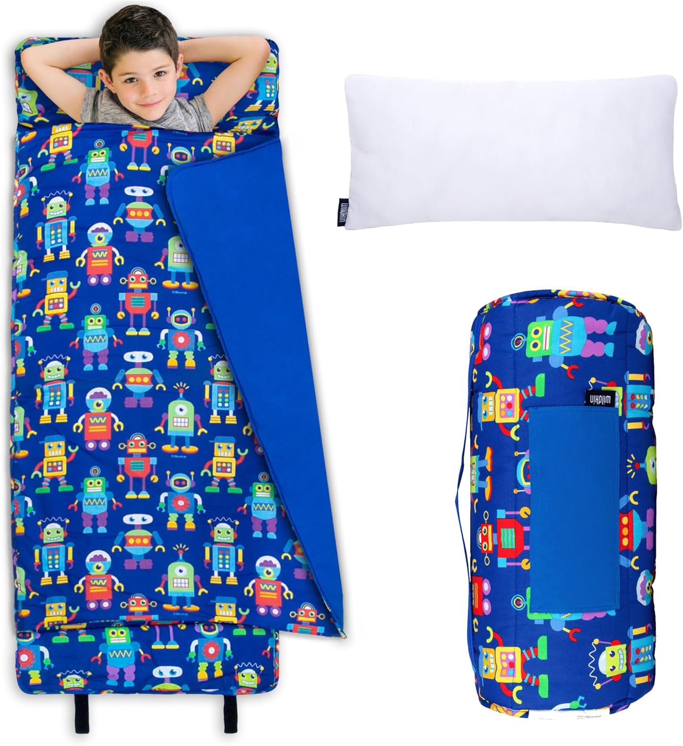 Wildkin Kids Original Nap Mat – Cozy Kids Sleep Mat with Pillow, Ideal for School & Travel - Robots
