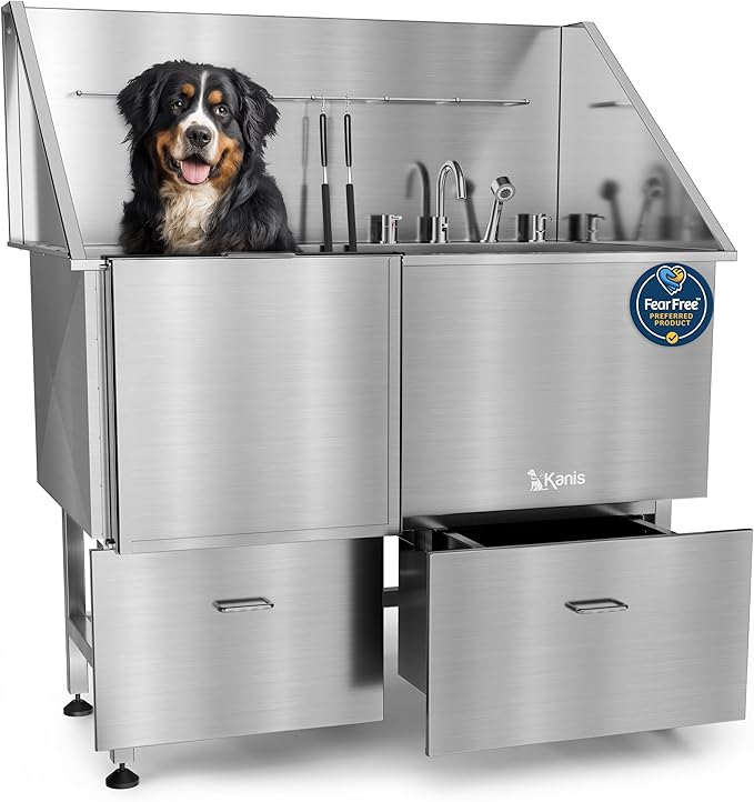 KANIS Professional Dog Washing Station - 304 Stainless Steel Pet Wash Sink & Grooming Bath Tub for Home with Ramp, Shower, Floor Grate, Storage Drawers, and Faucet for Large, Medium & Small Pets