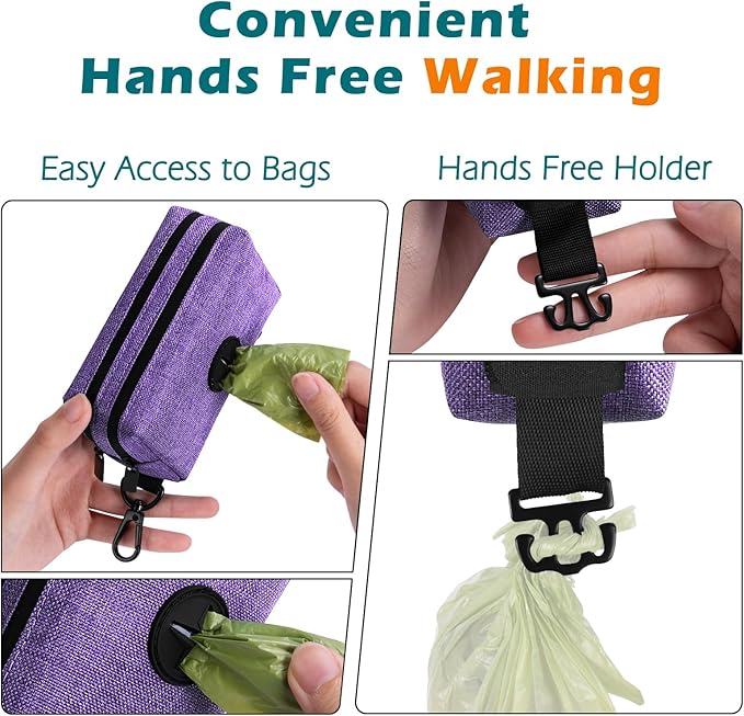 PetBonus Dog Poop Bag Holder, Portable Pet Waste Bag Dispenser, 2 Pouches for Treats and Walking Accessories, Fit All Leashes, Includes 1 Roll of Dog Poop Bags (Purple)