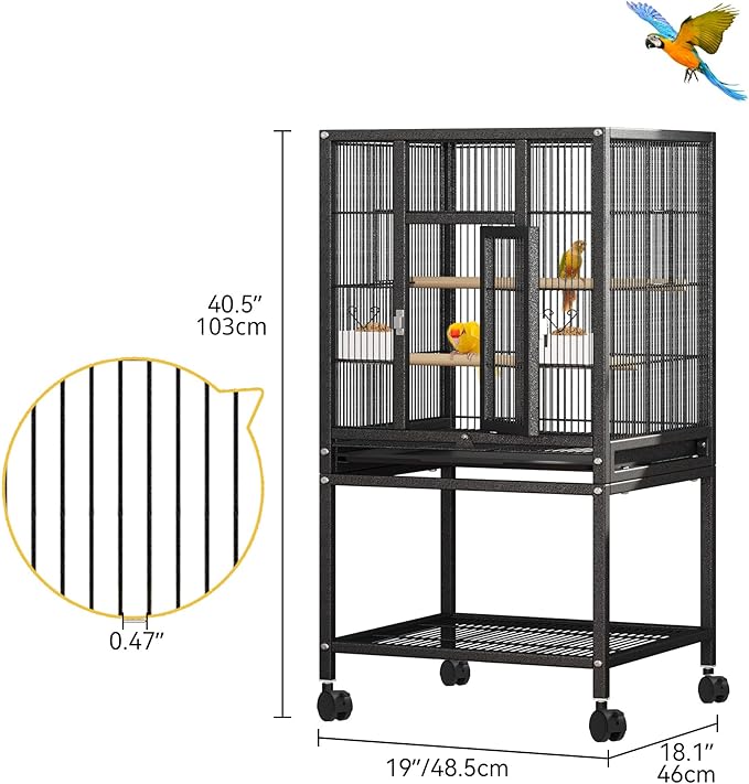 DWVO 41-inch Metal Bird Cage: Large Parrot Cages with Rolling Stand - Features Tray, Food Boxes & Wooden Perches for Parakeets, Lovebirds, Cockatiels, Finches and Pigeons, Black