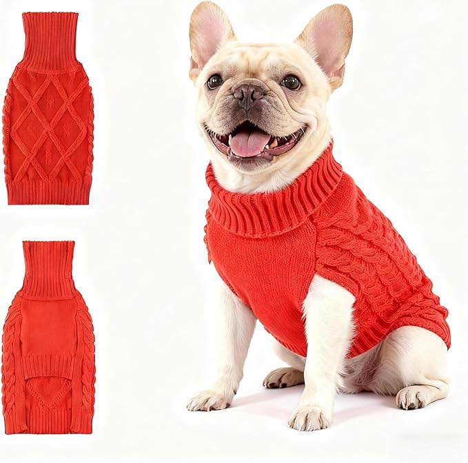 Medium/Large Dog Sweater, Warm Comfy Stretch Dog Winter Coat w/Sleeves & High Neck, Premium Dog Clothes for Bulldog-Best for Holidays, Daily Walks L Red