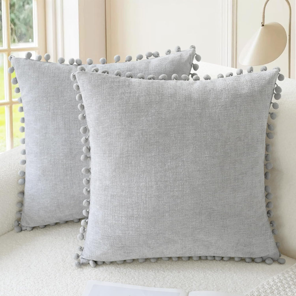 CaliTime Throw Pillow Covers Decorative 16 X 16 Inches Pack of 2 Cozy Solid Dyed Soft Chenille Cushion Cases with Pom Poms for Couch Sofa Bed Living Room Home Moonbeam Gray