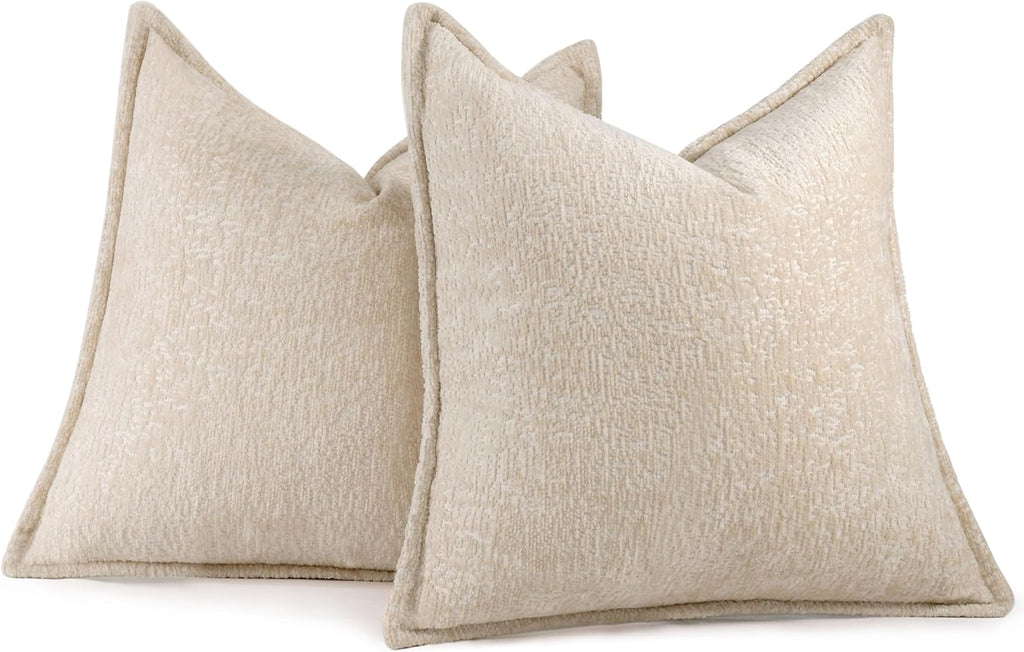 Pack of 2 Beige Decorative Throw Pillow Covers 16x16 Cozy Soft Chenille Accent Vintage Square Couch Pillow Covers for Home Decor Bed Sofa Living Room
