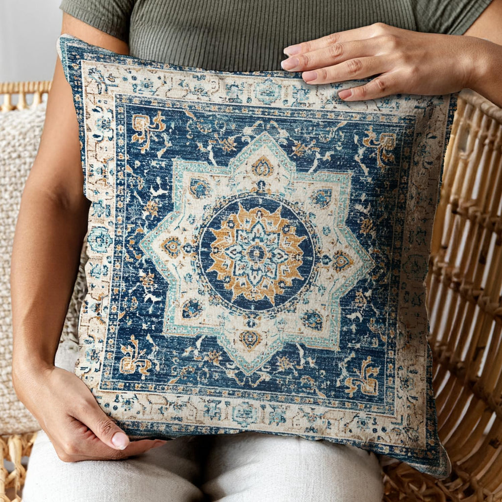 Bohemian Pillow Covers | Vintage Floral & Carpet Design | Double Sided Blue White Decorative Pillowcases for Couch, Bed | Indoor Outdoor Boho Home Decor (White&Blue, 18x18inches)