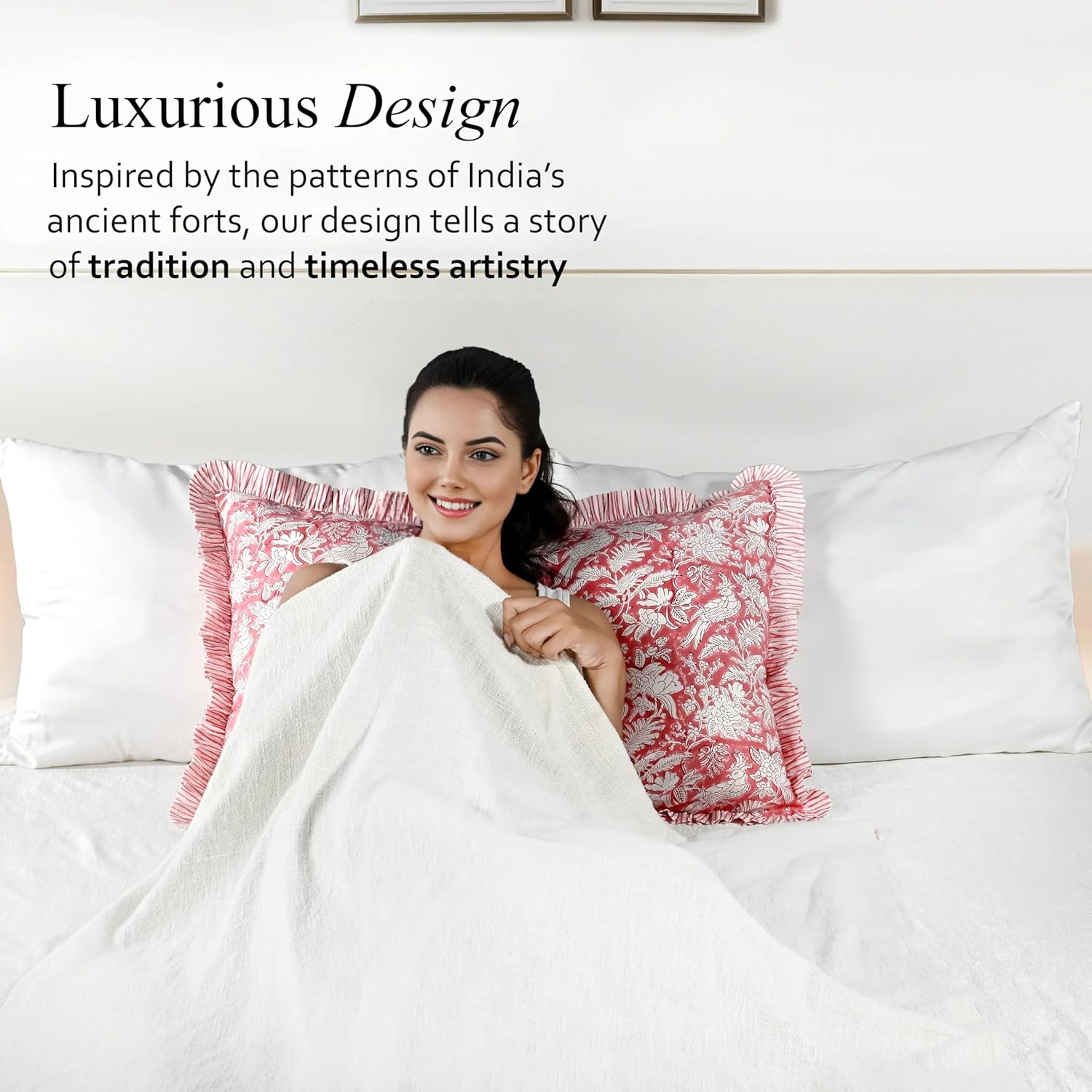 CPC Ruby Red 100% Cotton Block Print Ruffle Sham Cover 20X36 inch Pack of 2, Handmade Boho Floral Pillowcase, Soft Decorative King Bed Pillow Cover for Bedroom Décor