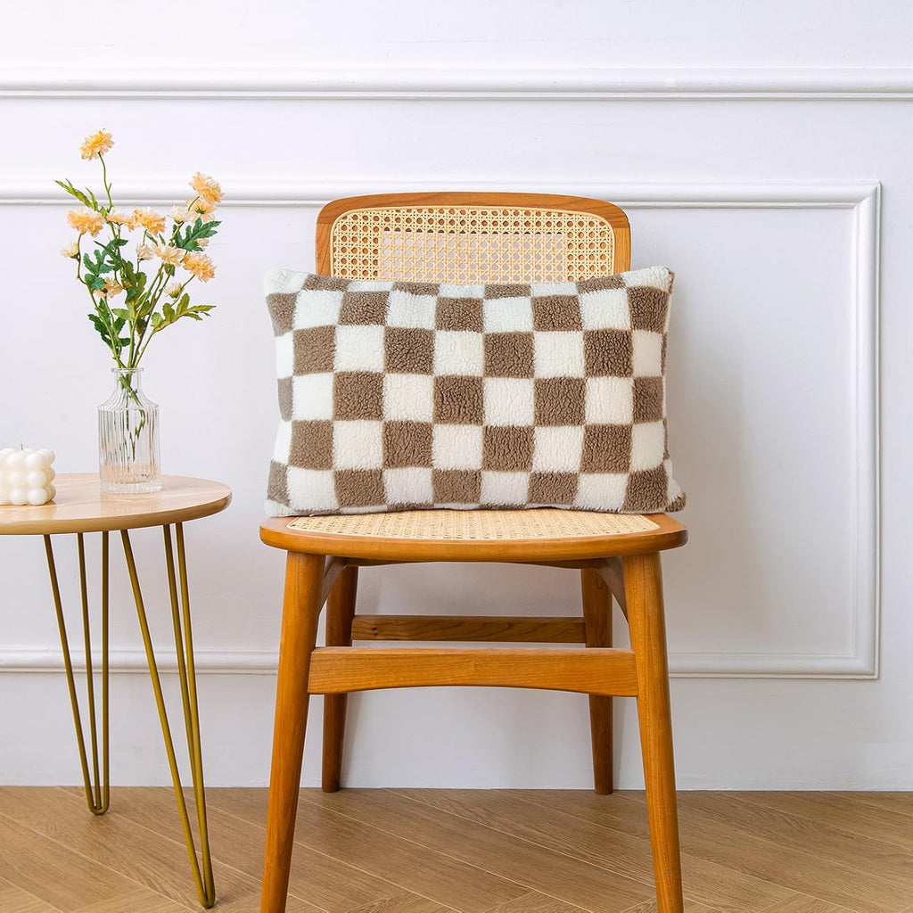 AmHoo Pack of 2 Decorative Throw Pillow Covers Checkerboard Luxury Super Soft Faux Fur Wool Set Case Cushion for Couch Sofa Bedroom 12 x 20-Inch Camel