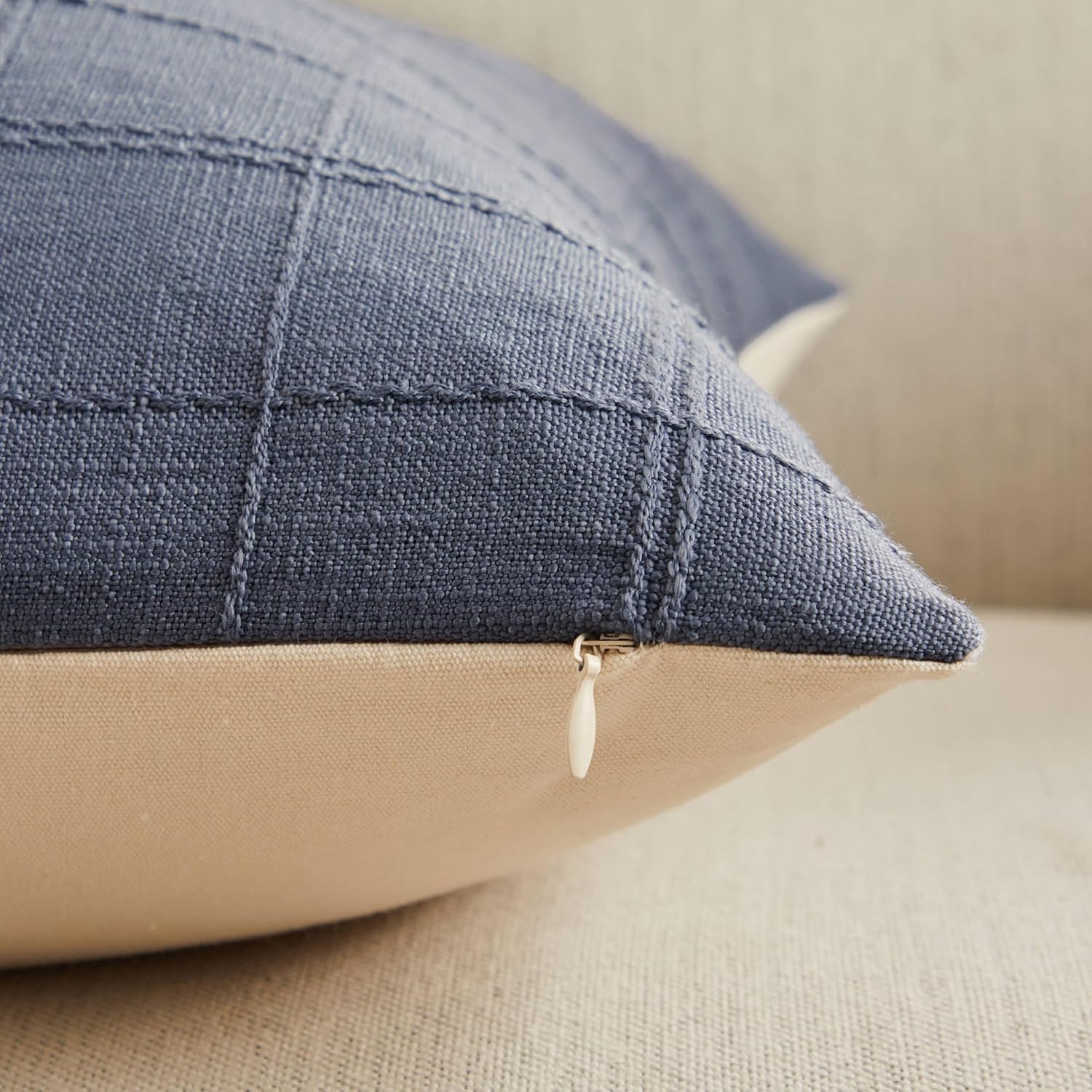 ZeeMart Linen Checked Throw Pillow Covers Set of 2, 18x18 Inch Blue/Cream, Farmhouse Decorative Single Sided Grid Embroidered Couch Pillow Cases Dusty Blue Cotton Linen Cushion Covers