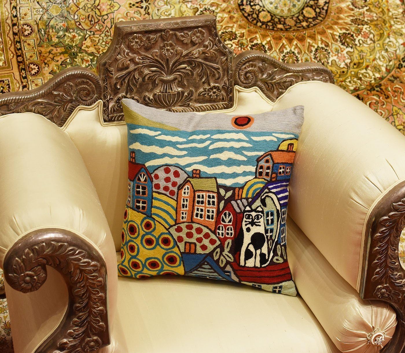 Blue Coastal Throw Pillow Cover | Karla Gerard Seaside Cat Pillow | Folklore Pillowcase | Nautical Chair Cushion | Flower Couch Pillow | Hand Embroidered Cushions Wool Size - 18x18