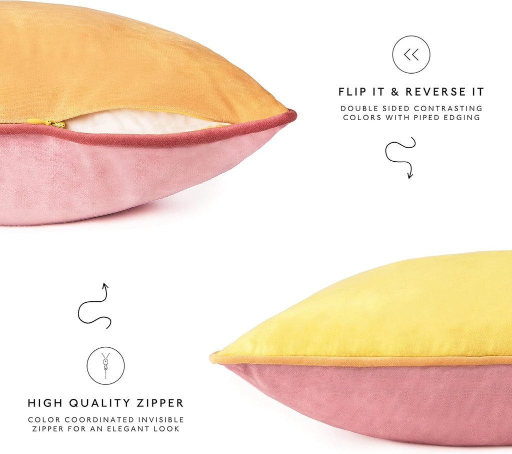 MONDAY MOOSE Decorative Throw Pillow Covers Cushion Cases, Set of 4 Soft Velvet Modern Double-Sided Designs, Mix and Match for Home Decor, Pillow Inserts Not Included (20x20 inch, Yellow/Pink)