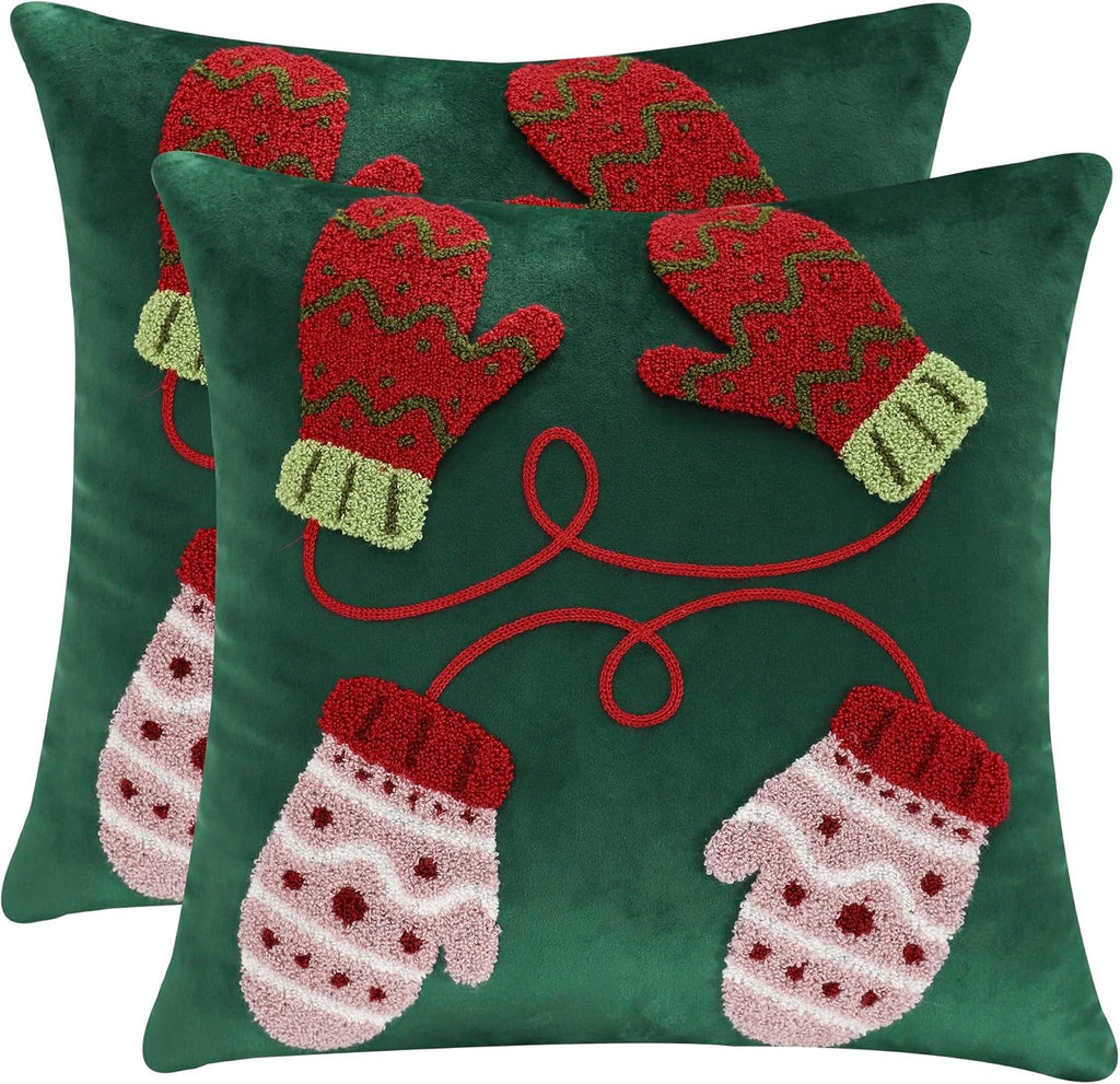 LUOYEHK Christmas Pillow Covers 18x18 Set of 2 Cute Gloves Decorative Green Pillow Cases Winter Holiday Velvet Embroidered Cushion Covers for Couch Sofa Bed